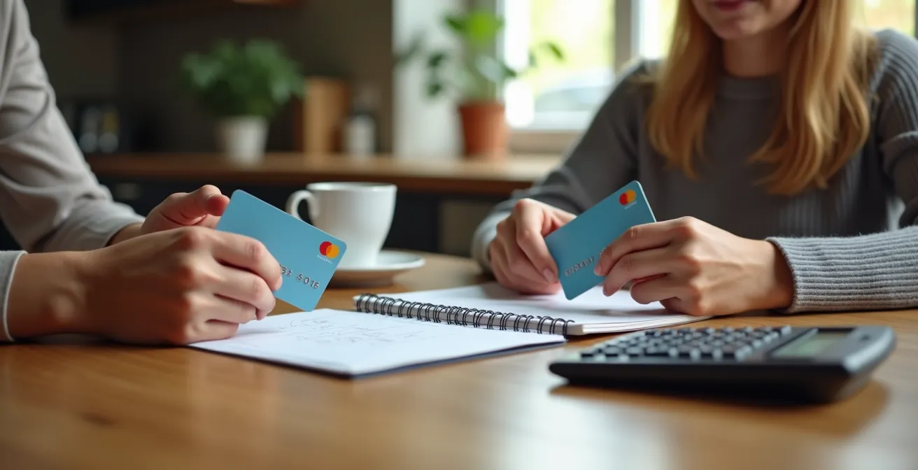 Mains tenant des cartes bancaires devant un ordinateur montrant des graphiques financiers