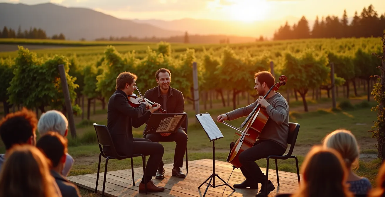 Concert de musique classique en plein air dans un vignoble canadien au coucher du soleil