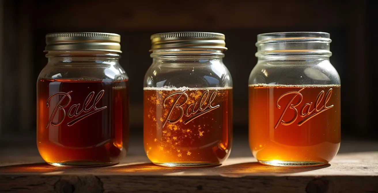 Pots Mason remplis de sirop d'érable avec différents stades de conservation visibles