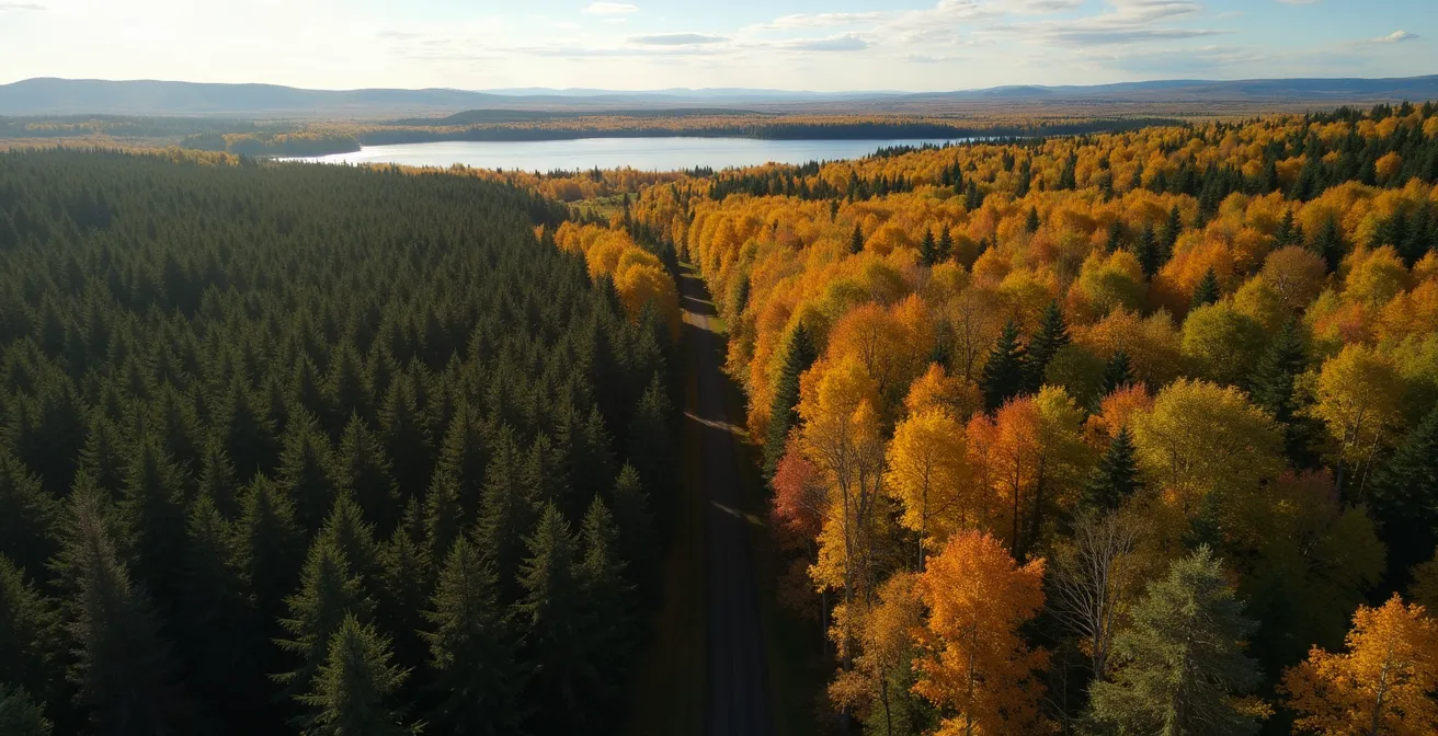 Vue aérienne montrant la transition entre forêt boréale d'épinettes et forêt tempérée d'érables