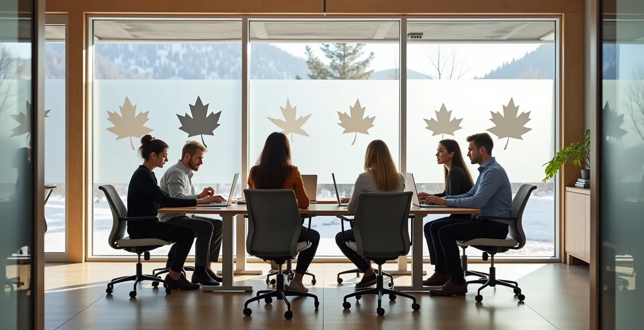 Environnement de travail au Québec montrant une hiérarchie aplanie et une ambiance collaborative.