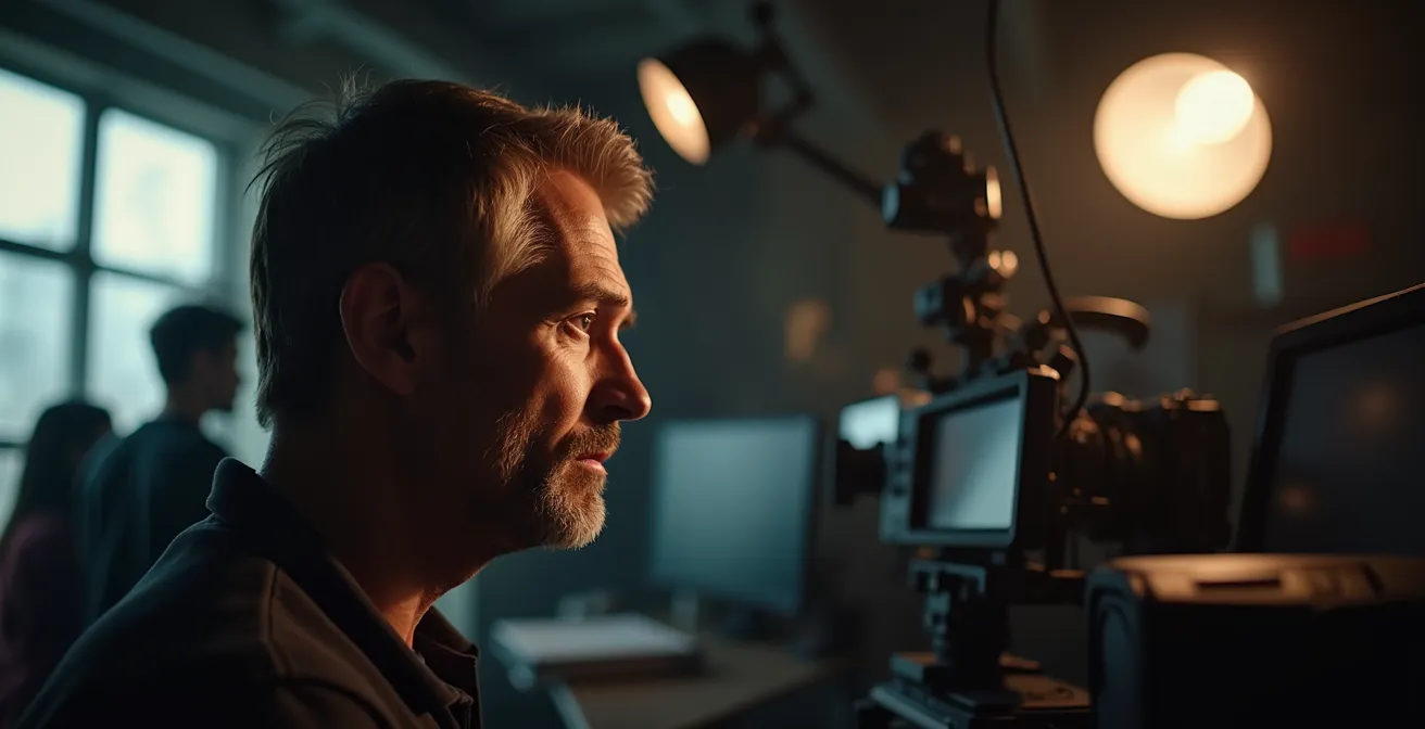 Portrait intimiste d'un réalisateur en plein travail sur un plateau de tournage, avec équipement cinématographique flou en arrière-plan