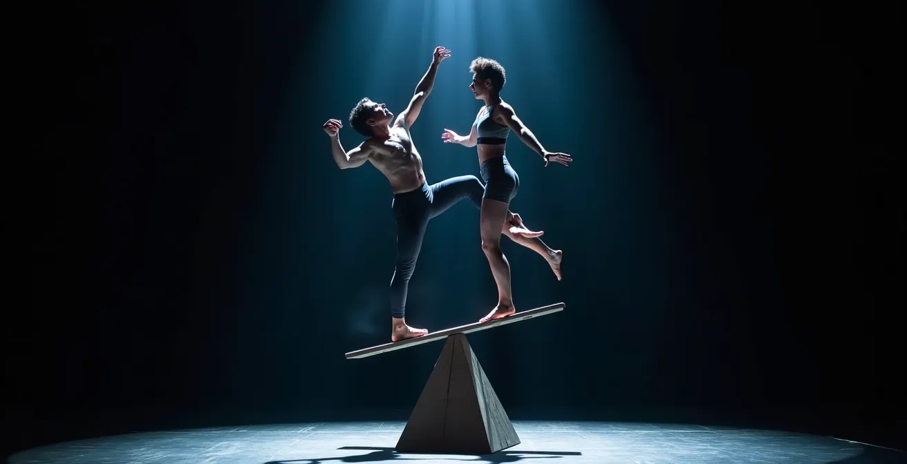 Deux acrobates sur une bascule coréenne créant une métaphore visuelle de relation humaine