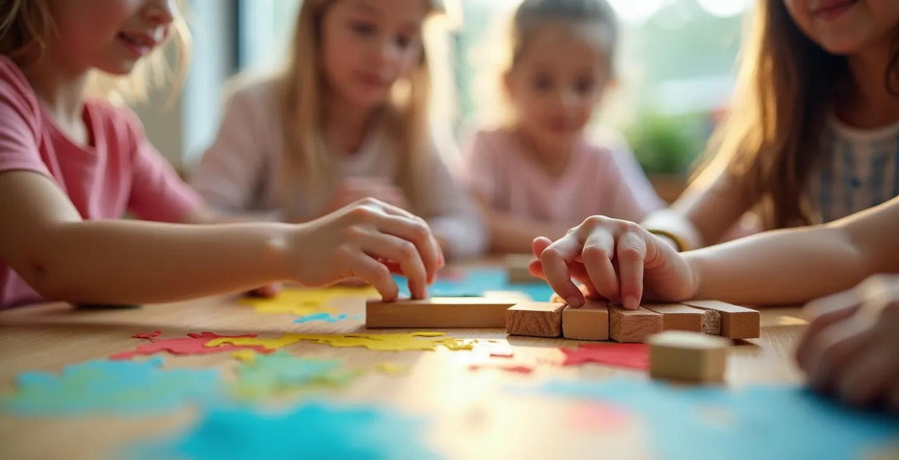Classe d'école alternative avec enfants travaillant en îlots sur des projets créatifs