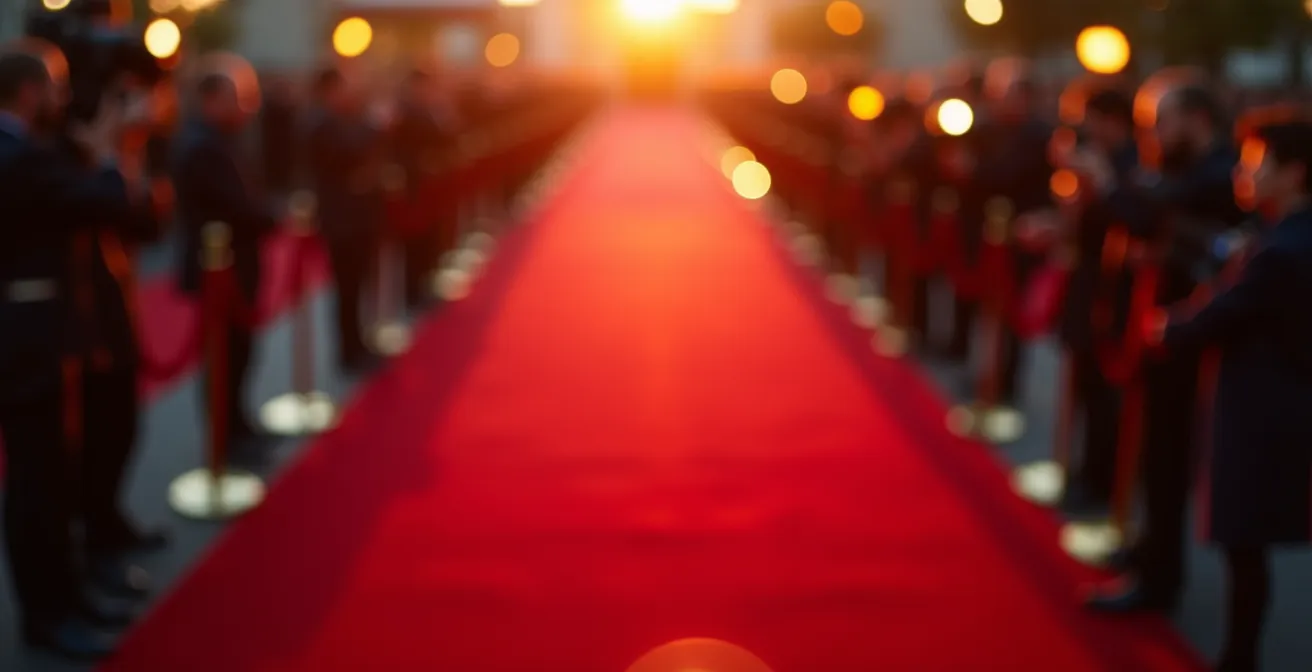 Vue en plongée d'un tapis rouge avec photographes en action lors d'un festival de cinéma