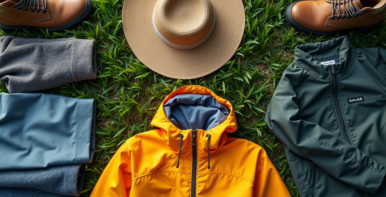 Équipement vestimentaire de festival étalé sur herbe avec variations météo québécoises