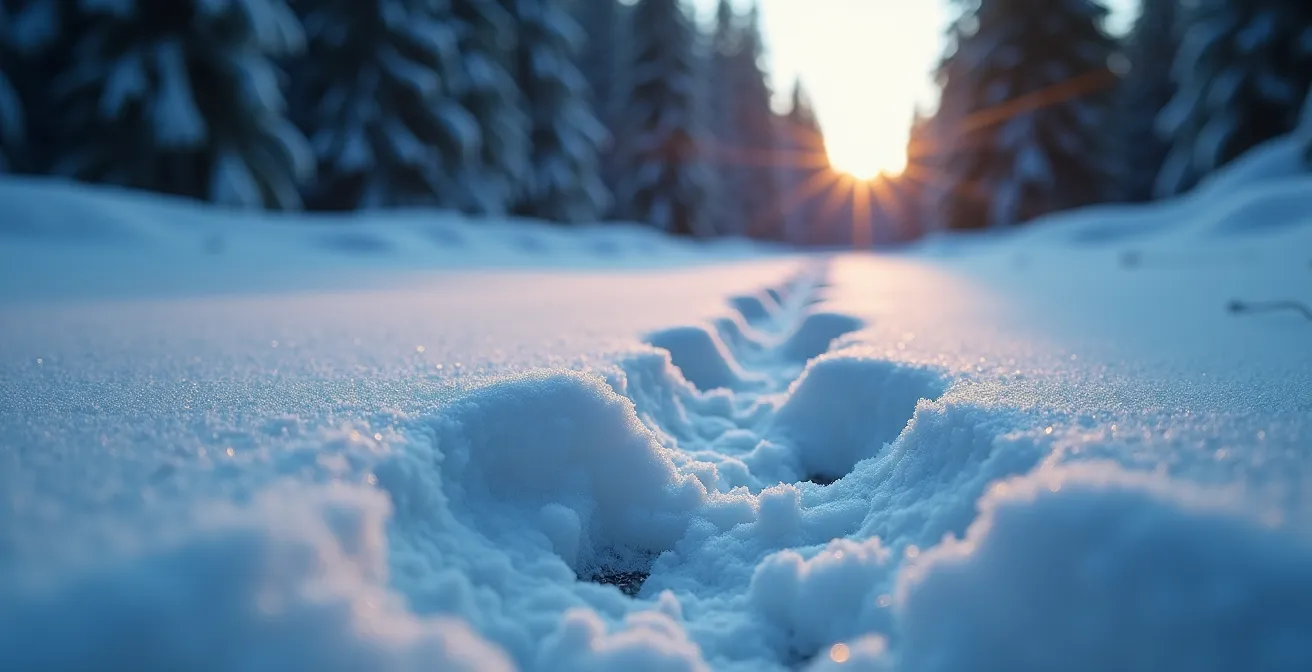 Forêt boréale enneigée au crépuscule avec traces de pas ambiguës dans la neige fraîche