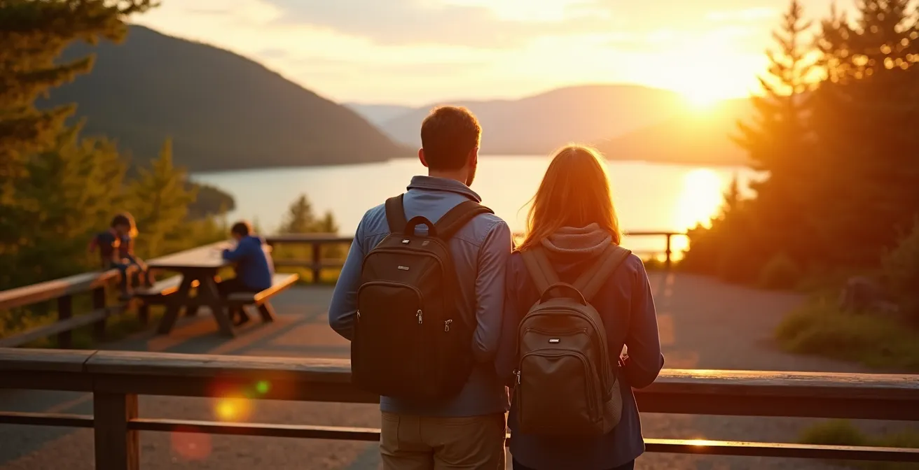 Halte routière avec vue panoramique sur le fleuve Saint-Laurent au coucher du soleil