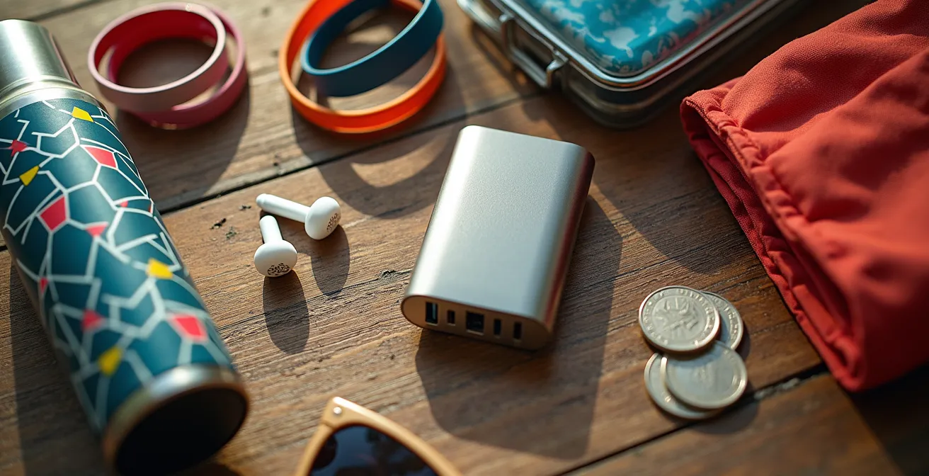 Arrangement minimaliste d'équipement de festival sur surface en bois