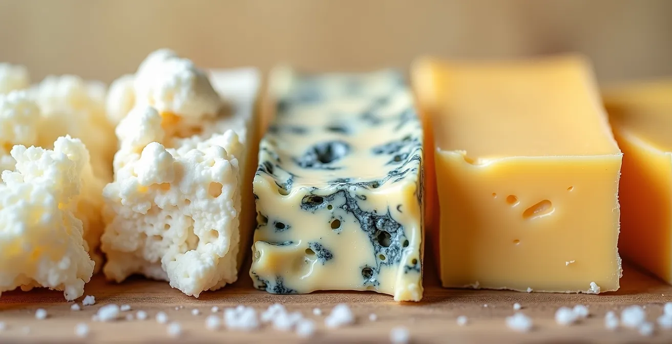 Gros plan macro sur les différentes textures de fromages québécois disposés côte à côte
