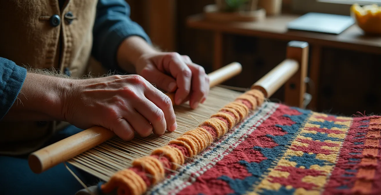 Mains expertes d'un artisan québécois travaillant sur un métier à tisser traditionnel avec fils colorés