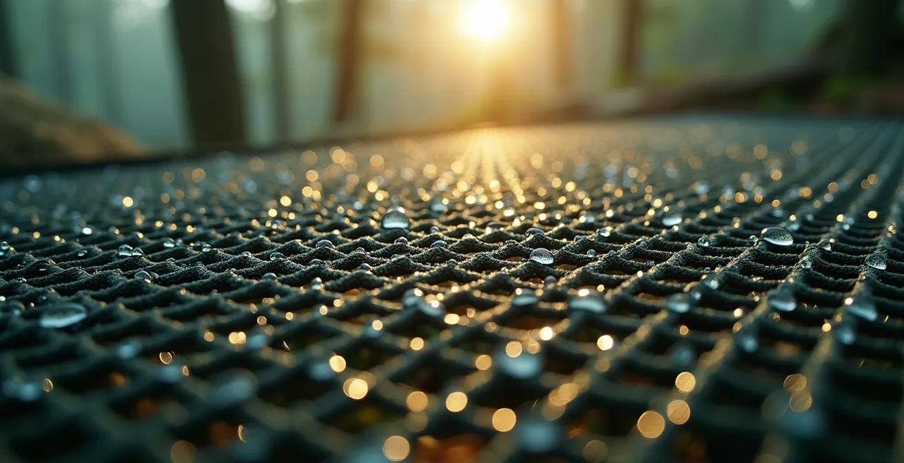 Gros plan sur une moustiquaire de protection dans une forêt boréale québécoise avec effet de profondeur de champ