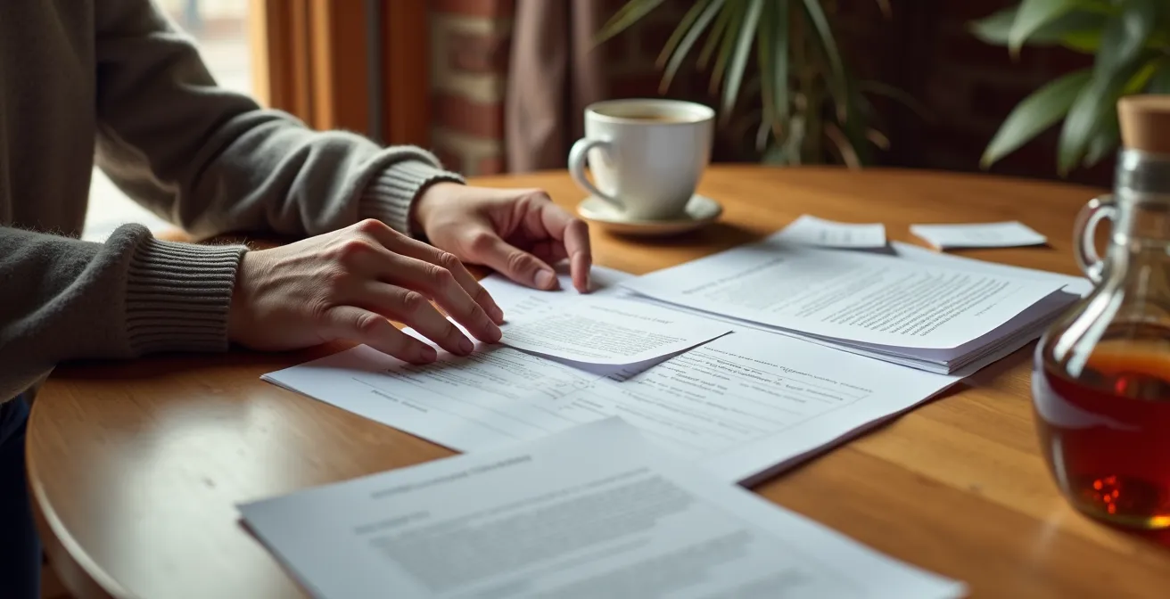 Personne consultant des documents administratifs de santé dans un environnement québécois typique