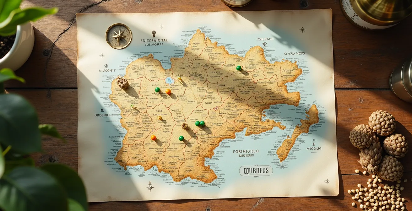 Vue aérienne d'une carte artisanale du Québec avec épingles marquant les microbrasseries