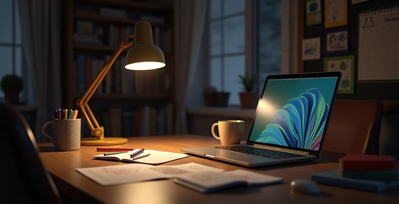 Parent travaillant sur un ordinateur portable le soir avec documents scolaires sur la table