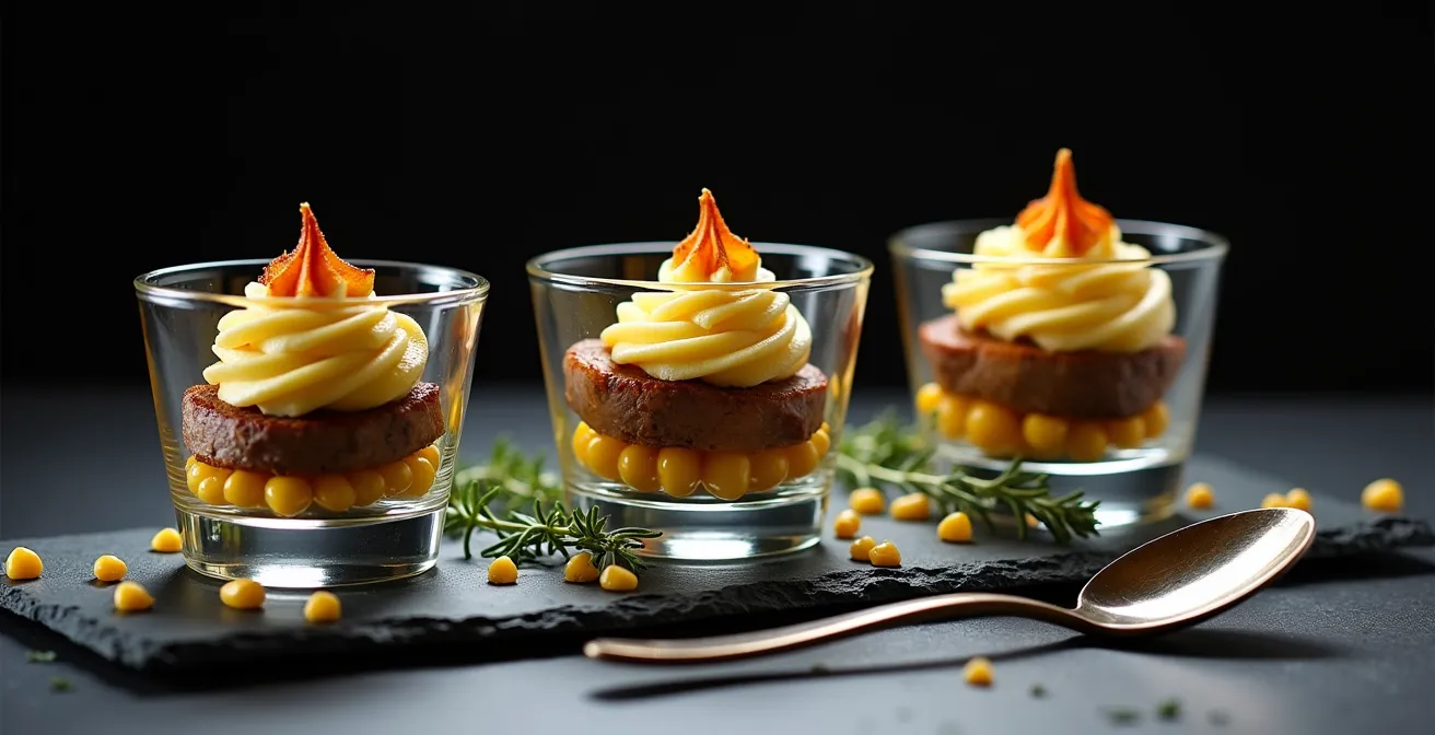 Verrines individuelles de pâté chinois gastronomique avec les trois couches visibles