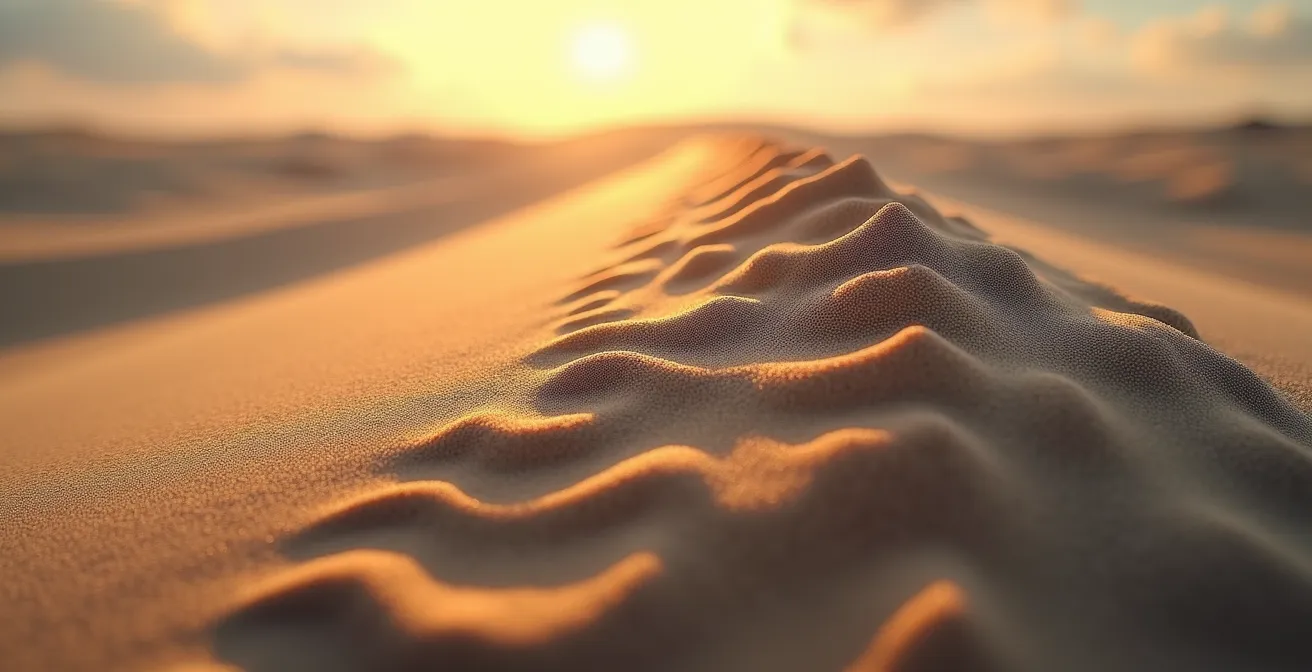 Paysage désertique épique avec dunes dorées s'étendant à l'infini sous un ciel dramatique