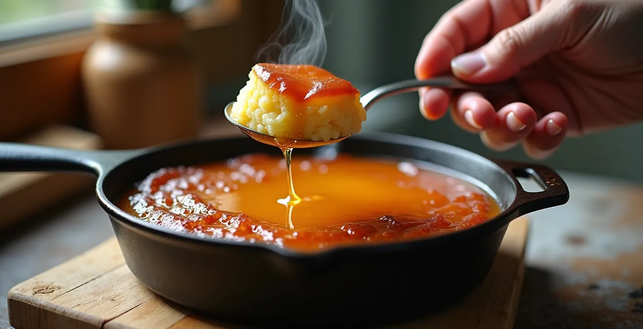 Pouding chômeur doré avec sauce à l'érable dans un plat en fonte