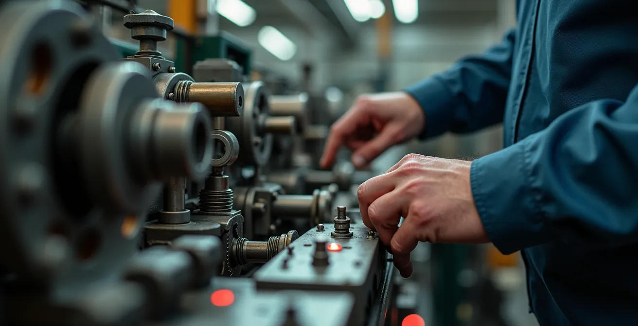 Vue rapprochée de machinerie moderne dans une usine québécoise, illustrant le concept d'investissement technologique pour améliorer la productivité.