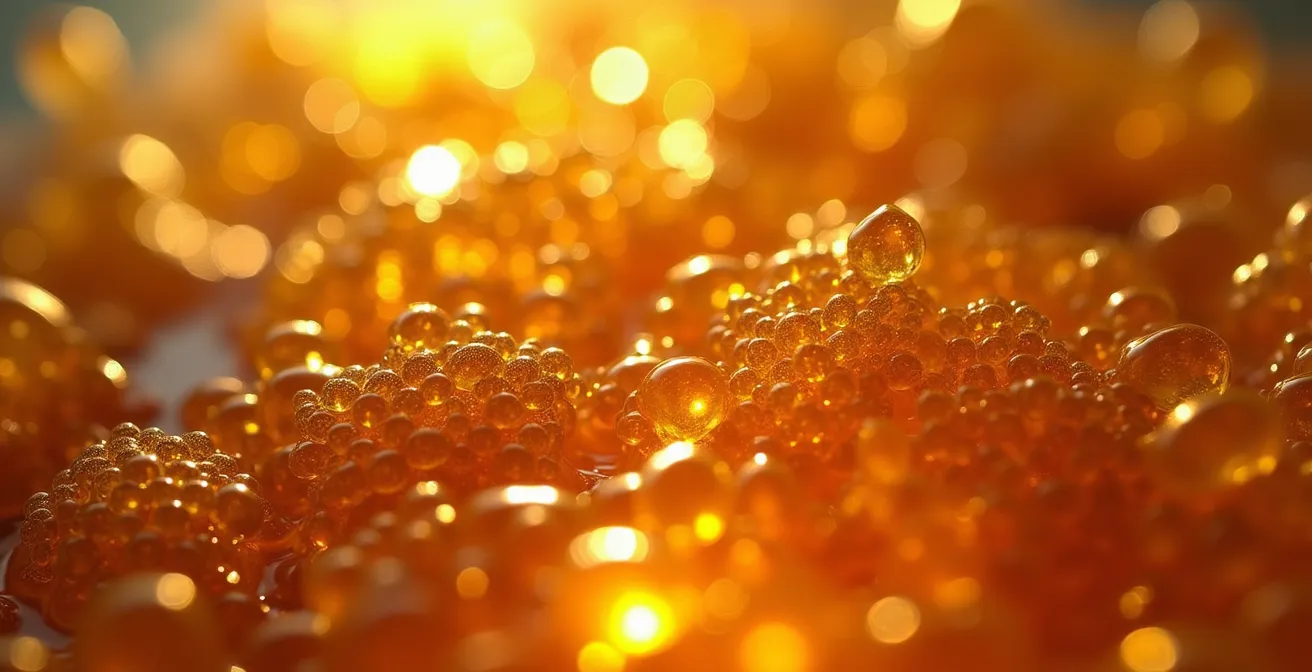 Vue macro extrême de cristaux de sirop d'érable révélant des structures moléculaires complexes sous lumière polarisée