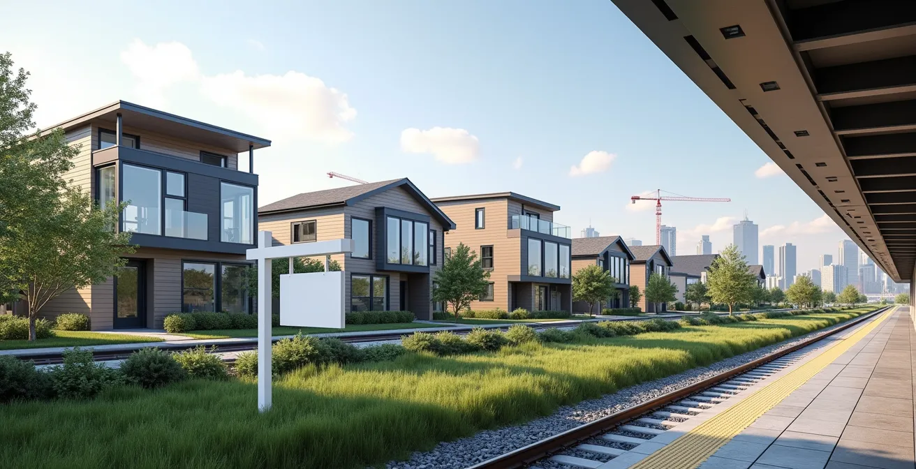 Développement immobilier moderne près d'une station REM avec architecture résidentielle mixte