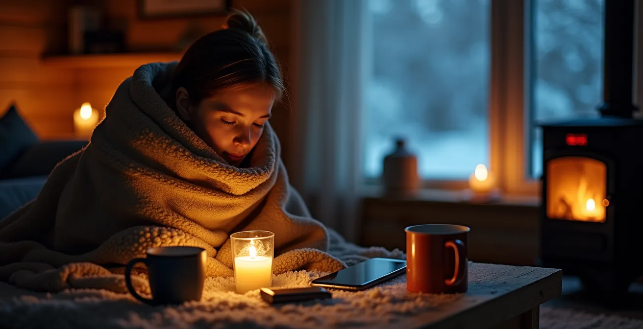 Intérieur chaleureux d'une maison québécoise pendant une tempête hivernale avec équipements de secours