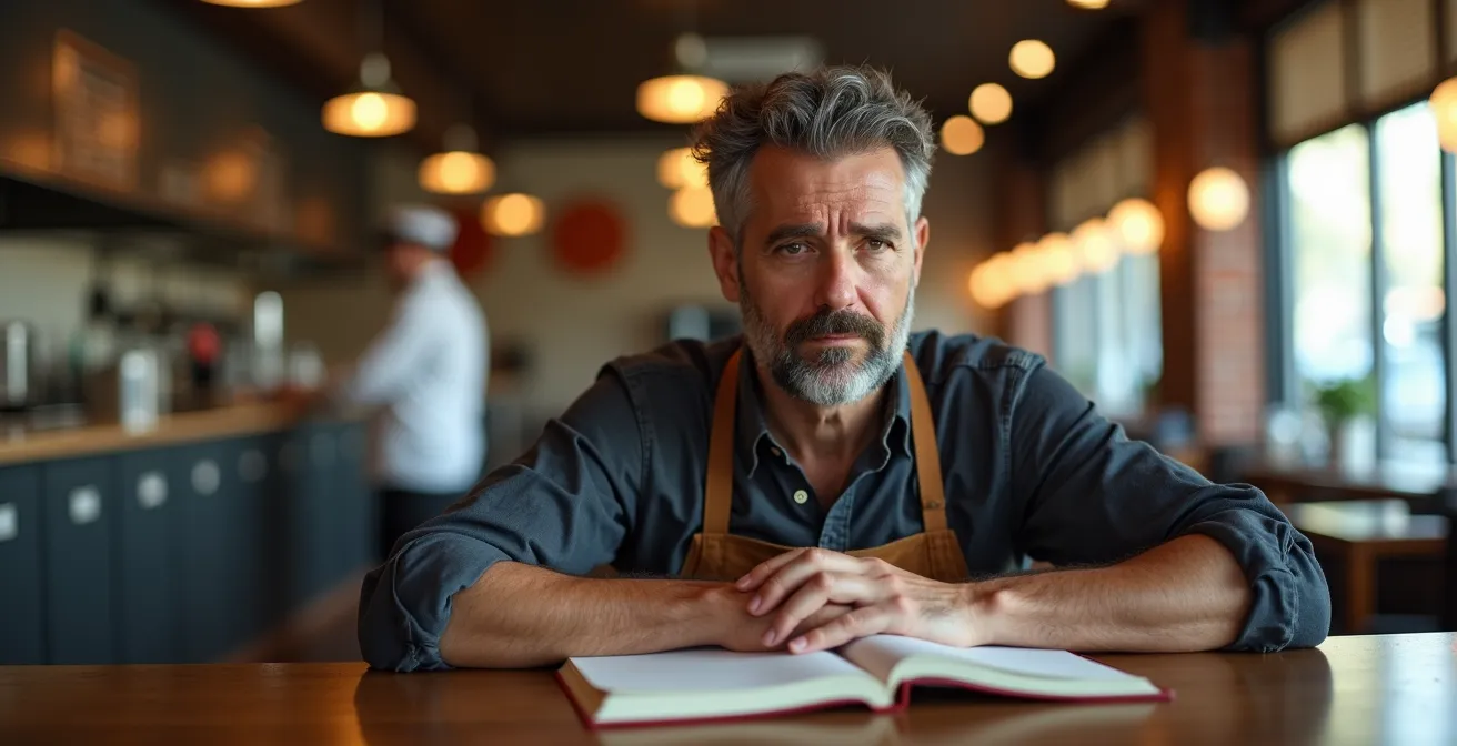 Terrasse de restaurant québécois avec tables vides et panneau indiquant une fermeture en début de semaine due à la pénurie de main-d'œuvre.