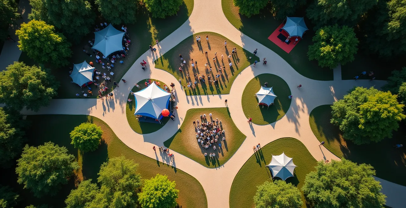Vue aérienne d'un site de festival avec zones gratuites en évidence