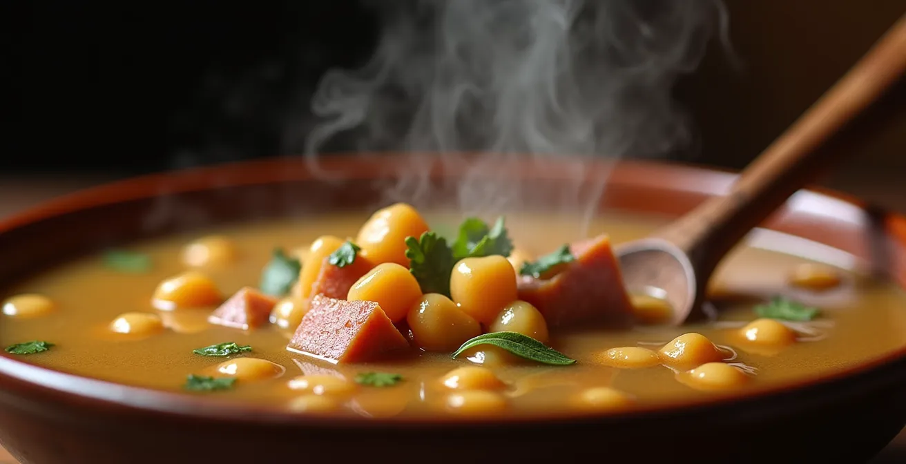 Bol de soupe aux pois fumante avec lard et herbes salées
