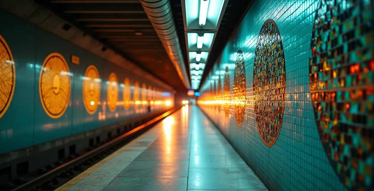 Intérieur d'une station de métro de Montréal avec œuvre d'art murale colorée