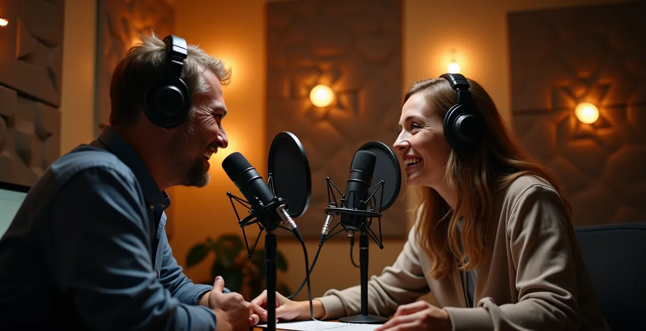 Studio d'enregistrement podcast moderne avec équipement audio professionnel et éclairage chaleureux