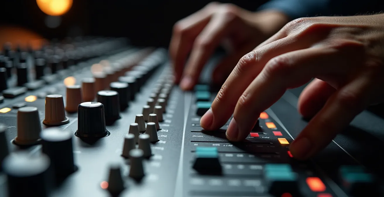 Gros plan macro sur des mains manipulant une console de mixage professionnelle avec détails des boutons et faders