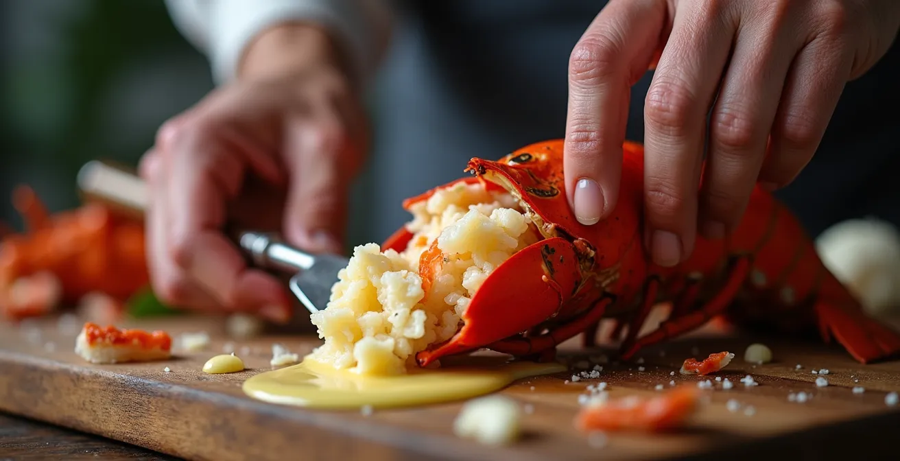 Mains expertes décortiquant un homard cuit avec pinces et ciseaux spécialisés sur planche de bois