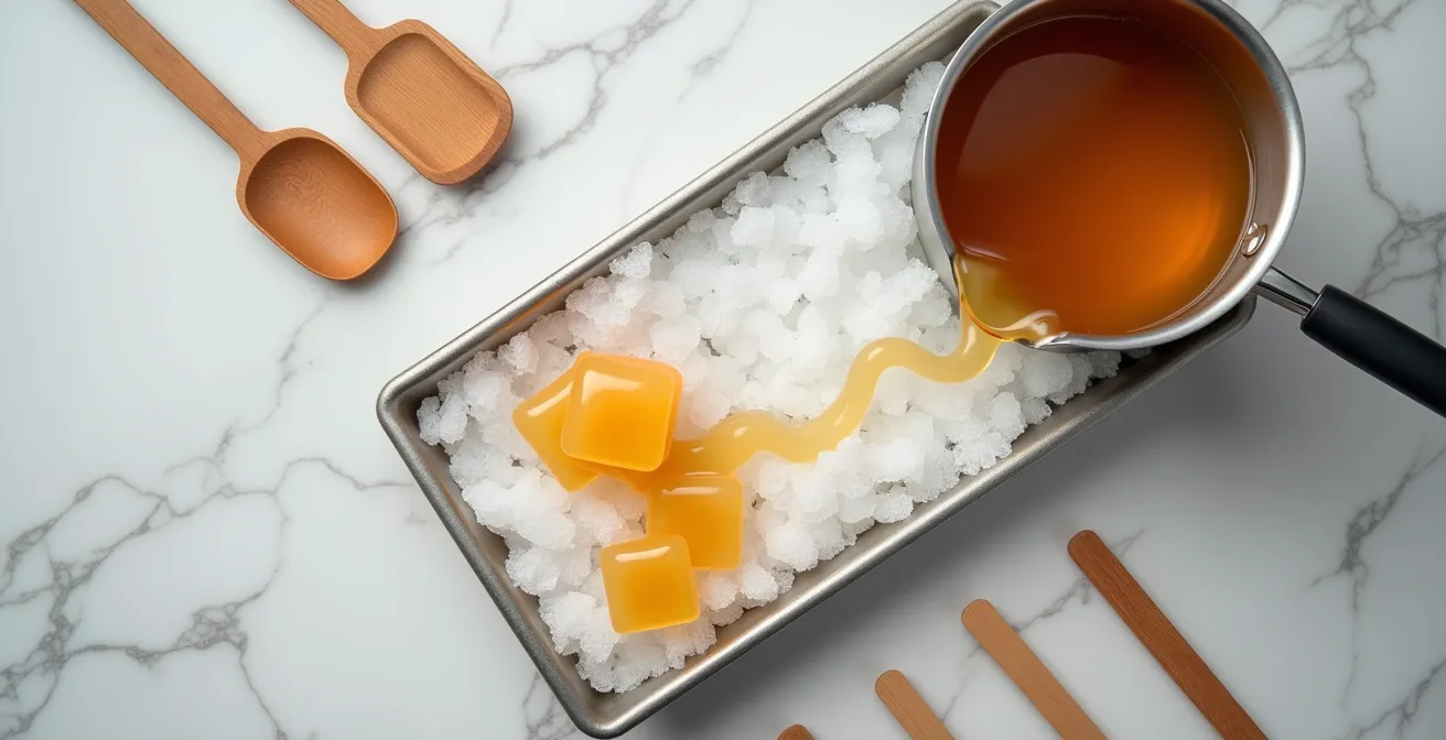 Sirop d'érable chaud versé en rubans sur de la glace pilée avec des bâtonnets en bois
