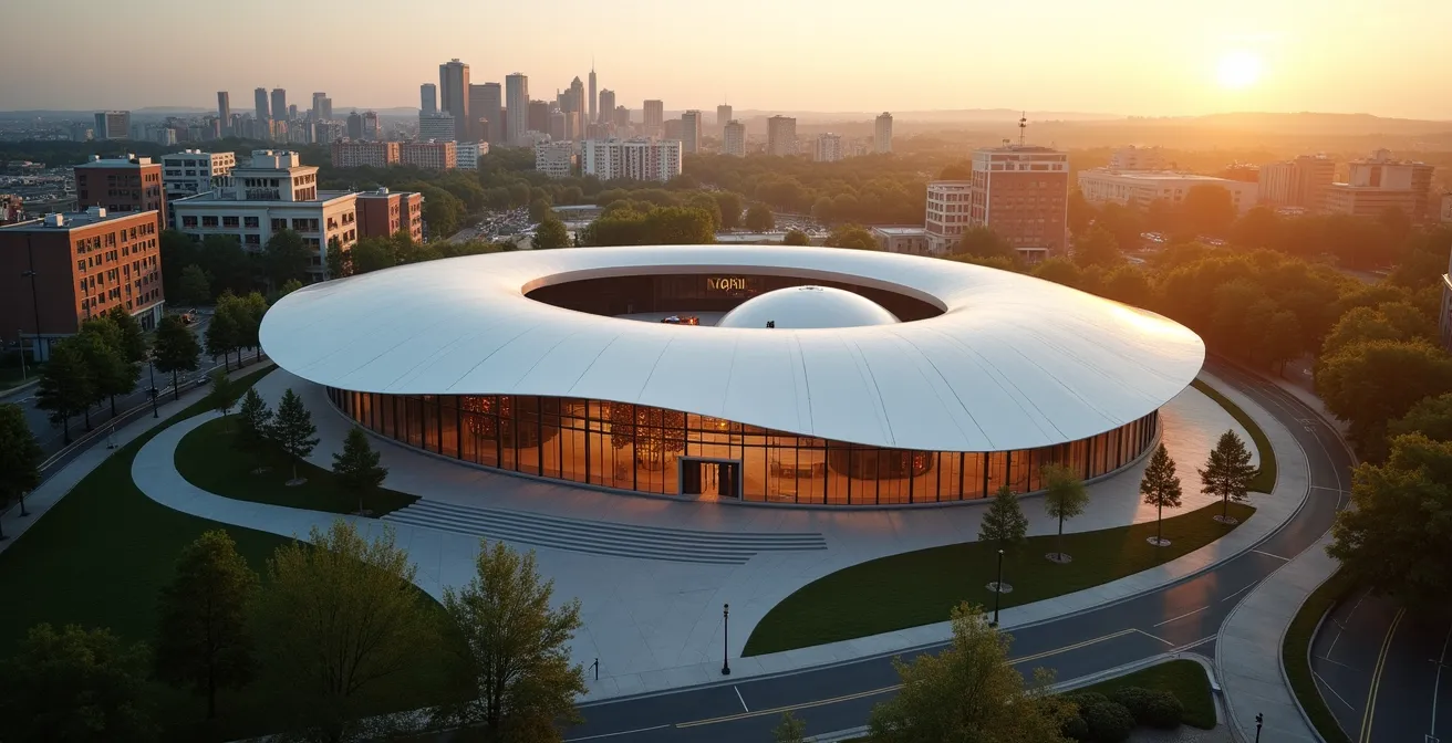 Vue aérienne de la TOHU et de la Cité des arts du cirque dans le quartier Saint-Michel à Montréal