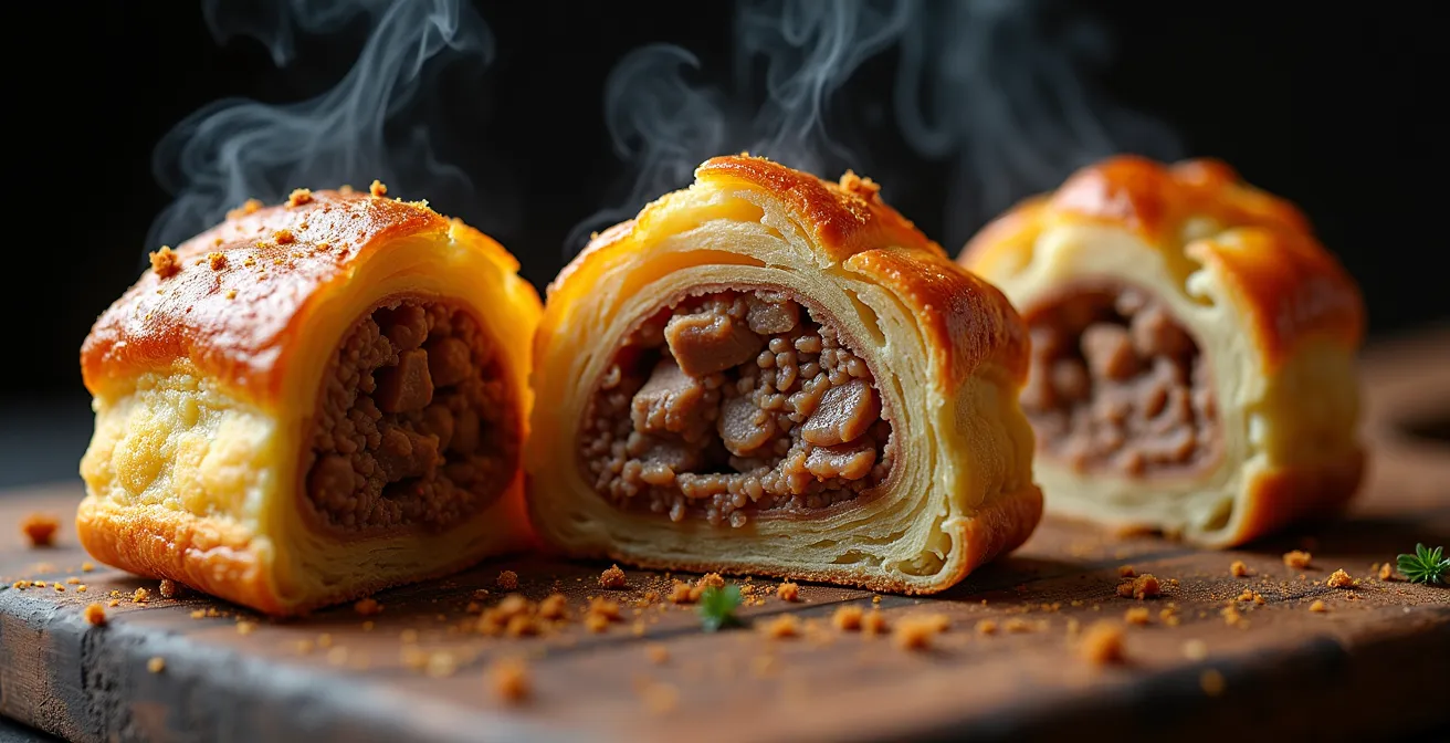 Trois tourtières de différentes régions du Québec présentées côte à côte sur une planche de bois