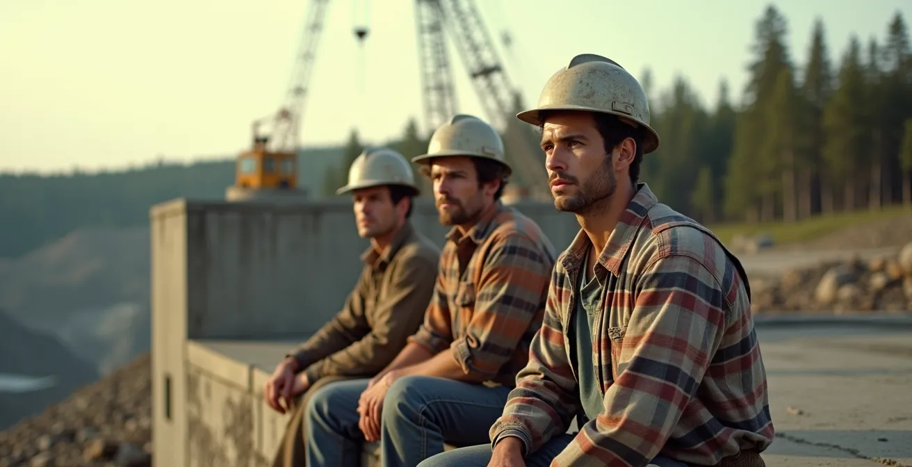 Portrait de travailleurs sur un chantier de construction hydroélectrique dans le Nord québécois, années 1970