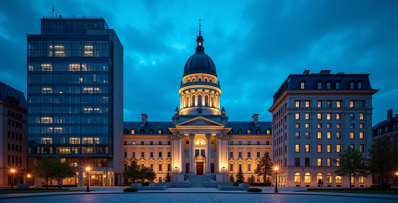 Trois édifices gouvernementaux représentant les paliers fédéral, provincial et municipal à Québec