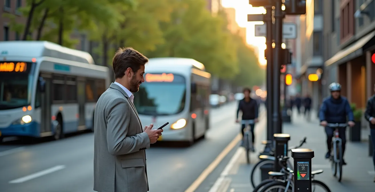 Scène urbaine montrant différents modes de transport partagé incluant BIXI, autobus et covoiturage