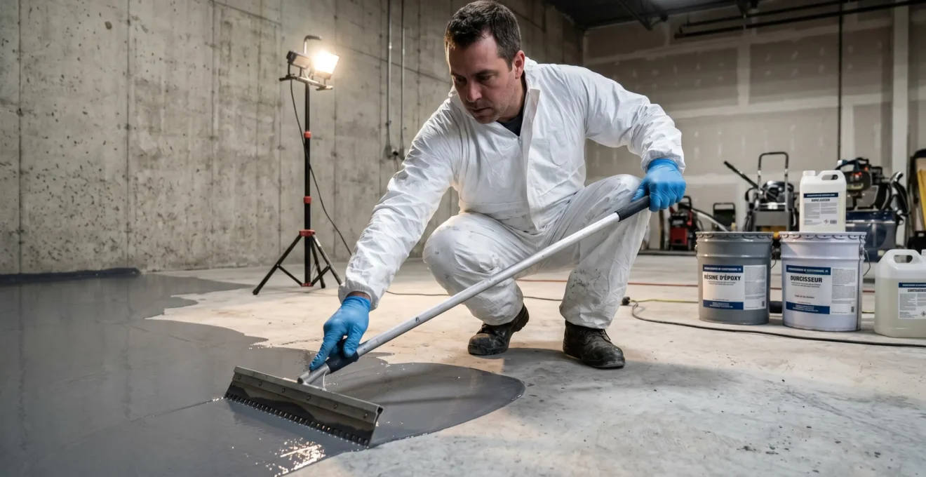 Applicateur professionnel en combinaison blanche étalant époxy gris sur plancher de béton avec raclette dentelée, bidons de résine en arrière-plan, éclairage de chantier, garage commercial québécois
