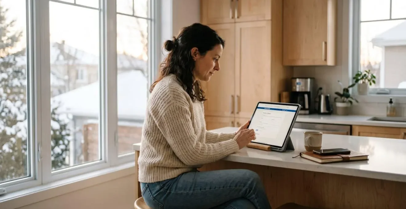 Femme de 35-45 ans assise à un comptoir d'îlot de cuisine moderne à Montréal, consultant une tablette affichant un site web gouvernemental en français pour vérifier la licence RBQ d'un plombier, carnet de notes à proximité, lumière naturelle douce d'hiver québécois, contexte de préparation responsable avant appel d'urgence.