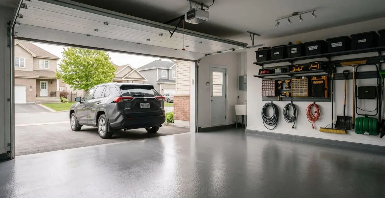 Garage résidentiel double à Laval avec plancher époxy gris anthracite lustré, véhicule stationné, porte entrouverte laissant entrer la lumière naturelle, architecture québécoise typique visible en arrière-plan