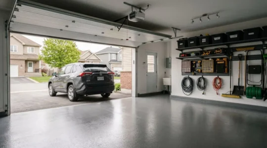 Garage résidentiel double à Laval avec plancher époxy gris anthracite lustré, véhicule stationné, porte entrouverte laissant entrer la lumière naturelle, architecture québécoise typique visible en arrière-plan