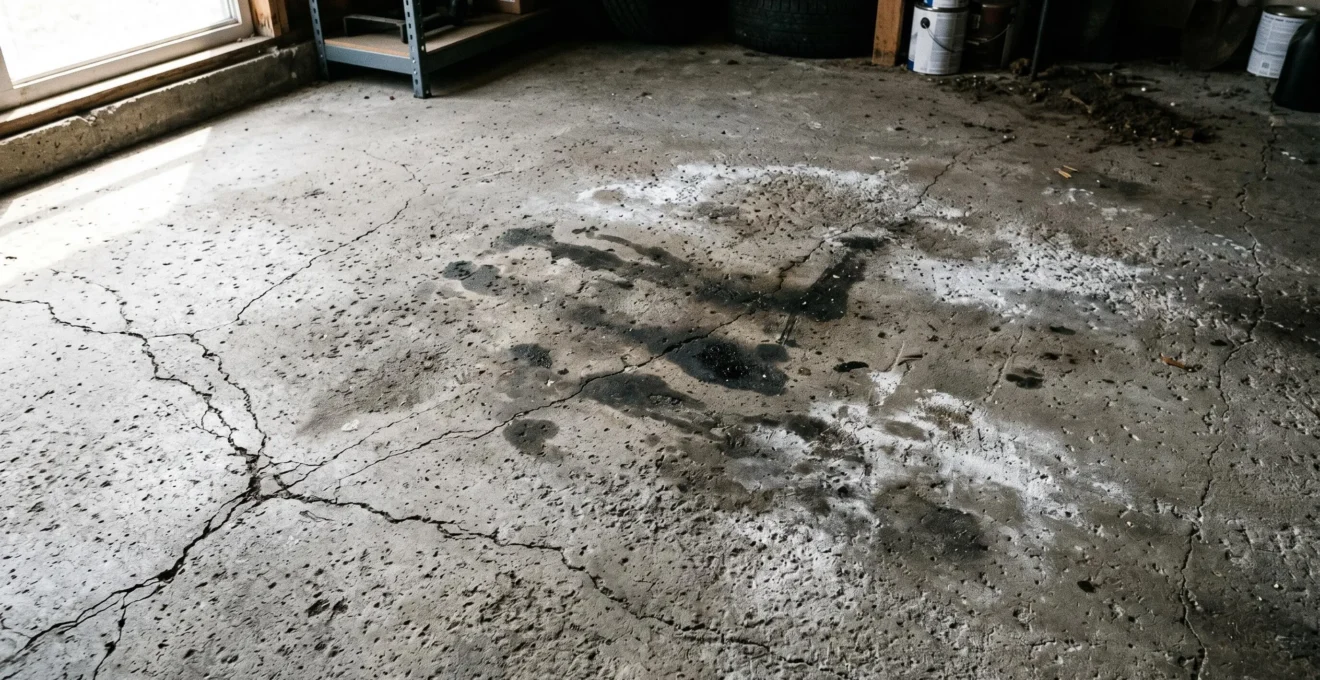 Gros plan d'un plancher de béton brut de garage non protégé montrant fissures capillaires, taches d'huile sombres et efflorescence, éclairage rasant révélant la dégradation de surface