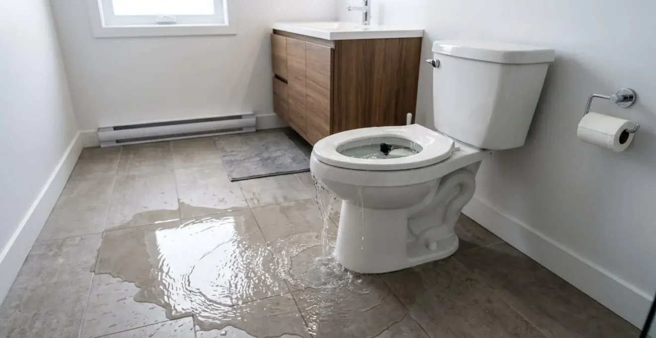 Toilette résidentielle contemporaine avec eau claire débordant sur plancher de céramique d'une salle de bain moderne à Montréal, flaque de 40-60 cm visible, lumière naturelle diffuse, situation d'urgence plomberie nécessitant intervention immédiate.